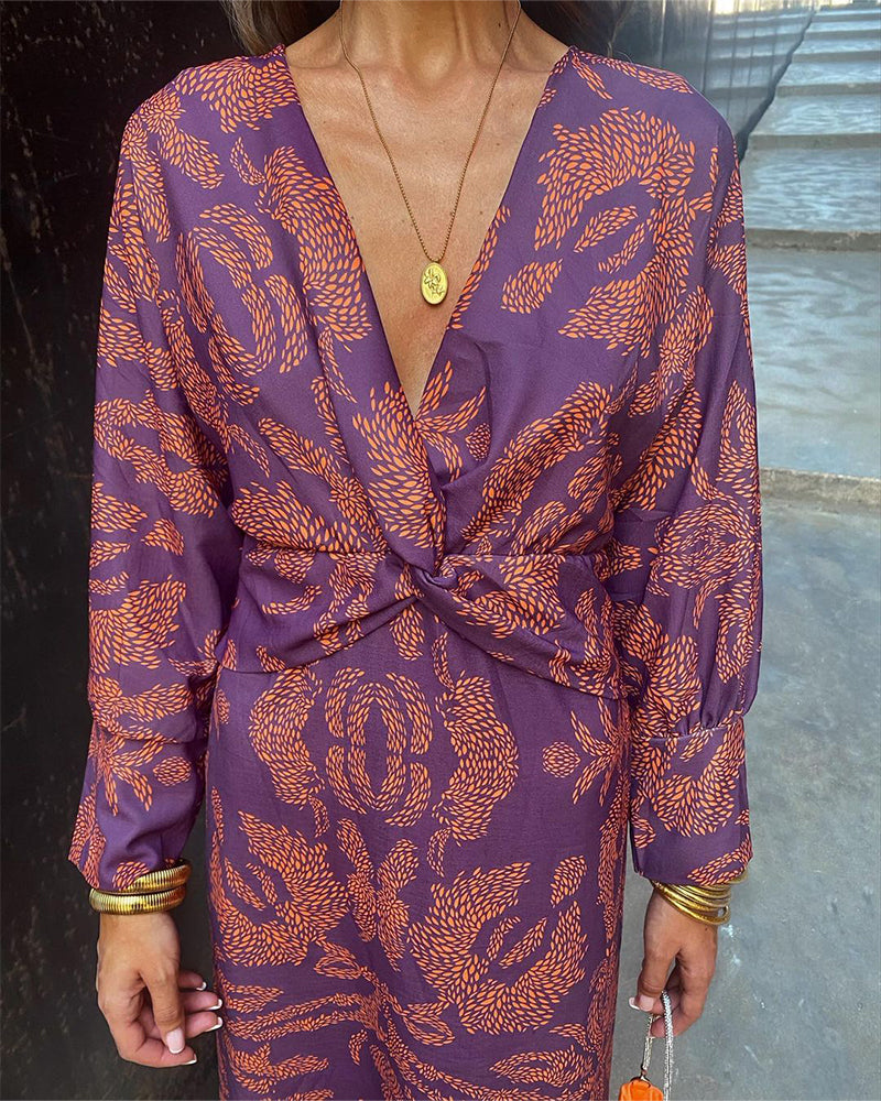 Women’s Printed V-Neck Midi Dress with Twist Front Detail