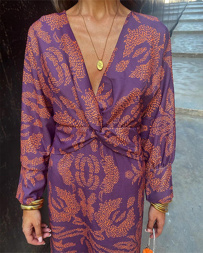 Women’s Printed V-Neck Midi Dress with Twist Front Detail