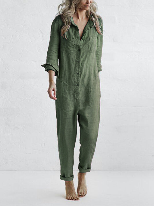 Casual Long Sleeve Button-Up Jumpsuit for Women