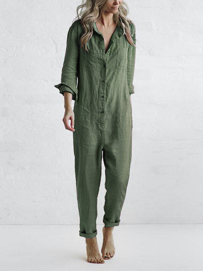 Casual Long Sleeve Button-Up Jumpsuit for Women