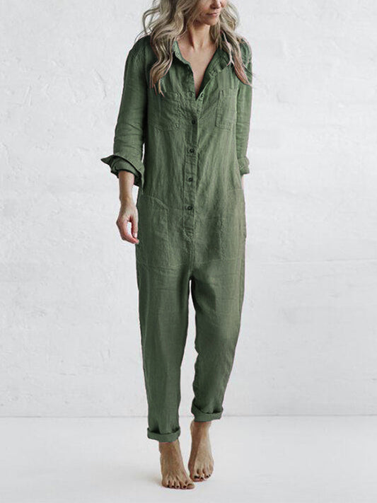 Casual Long Sleeve Button-Up Jumpsuit for Women