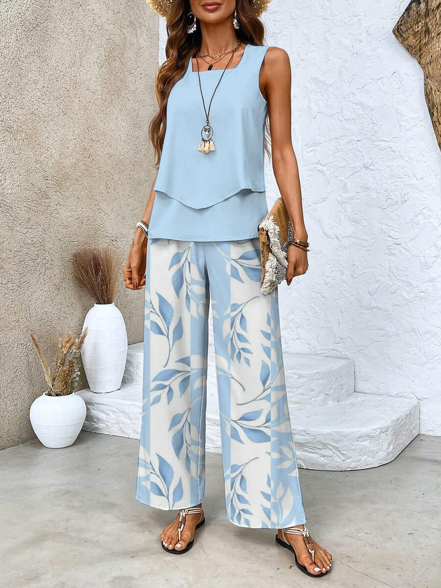 Women's Sleeveless Top and Wide-Leg Printed Pants Set