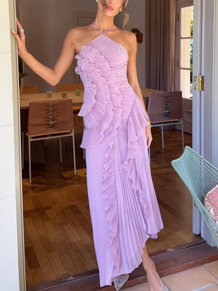 Women’s One-Shoulder Ruffle Maxi Dress with Pleated Details