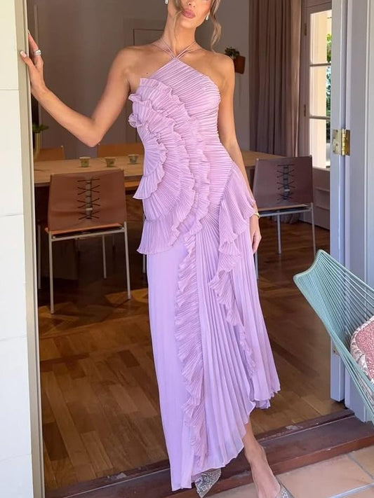Women’s One-Shoulder Ruffle Maxi Dress with Pleated Details
