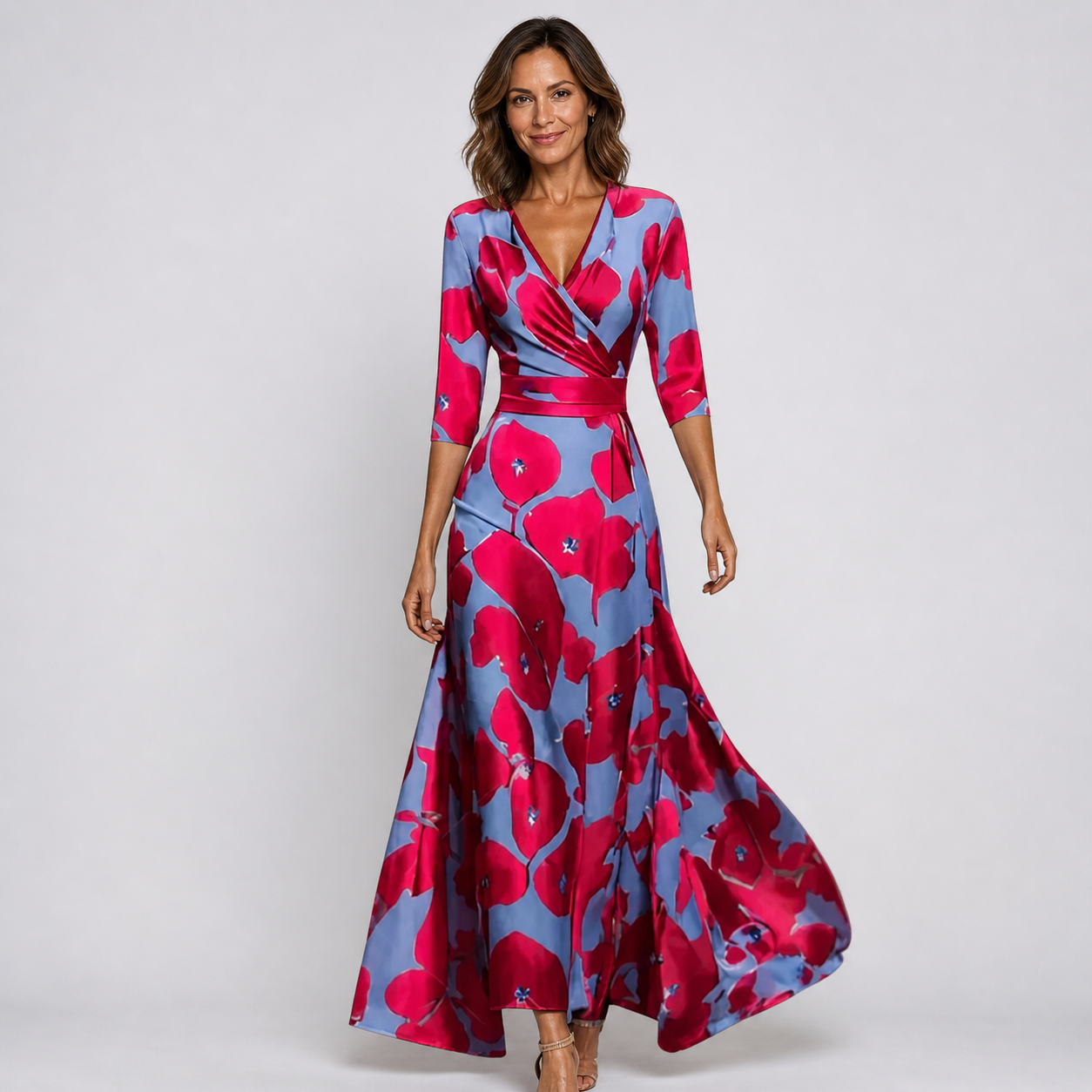 Women’s Elegant Floral V-Neck Flowing Wrap Maxi Dress