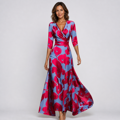 Women’s Elegant Floral V-Neck Flowing Wrap Maxi Dress