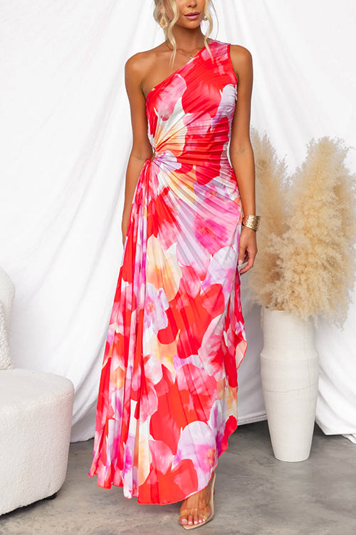 Women’s One-Shoulder Floral Pleated Maxi Dress with Elegant Draping