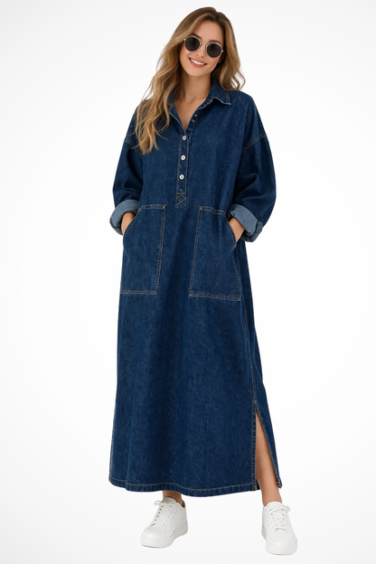Women’s Oversized Denim Maxi Shirt Dress with Pockets