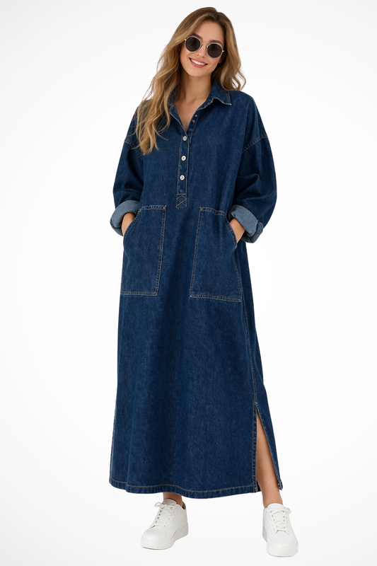 Women’s Oversized Denim Maxi Shirt Dress with Pockets