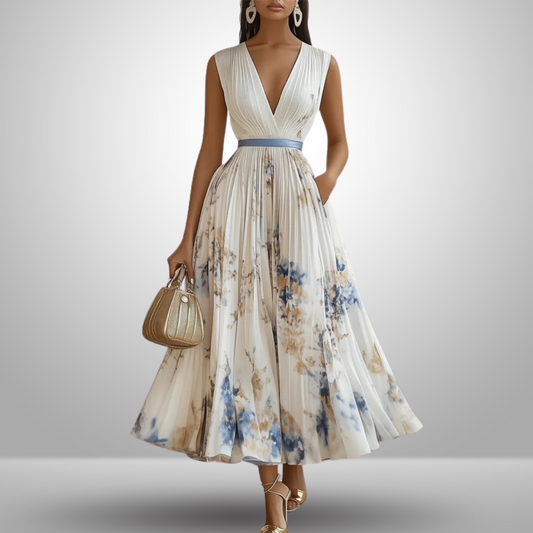 Women's Pleated V-Neck Sleeveless Maxi Dress