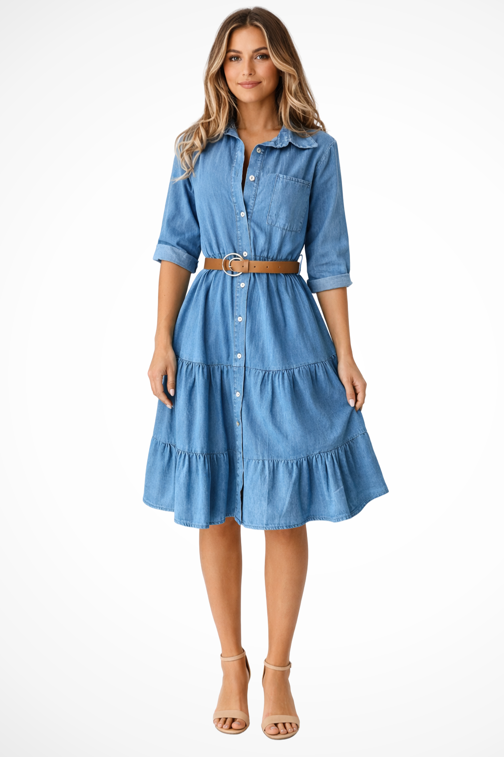 Women’s Denim Midi Dress with Ruffle Hem