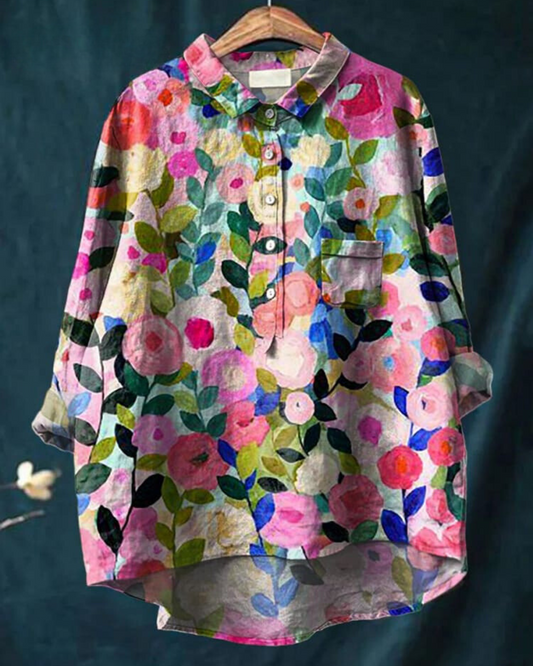 Women's Abstract Floral Long Sleeve Button-Front Blouse
