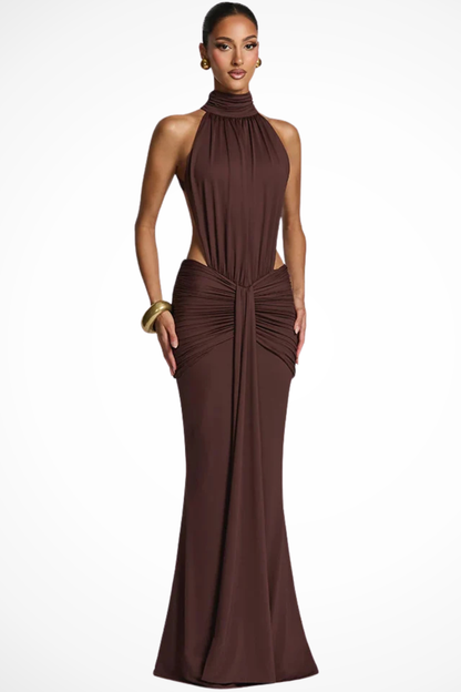 Women’s Backless Halter Mermaid Evening Dress with Ruched Waist Detail