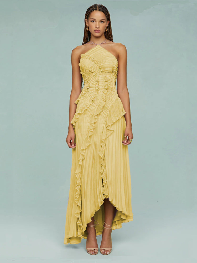 Women’s One-Shoulder Ruffle Maxi Dress with Pleated Details