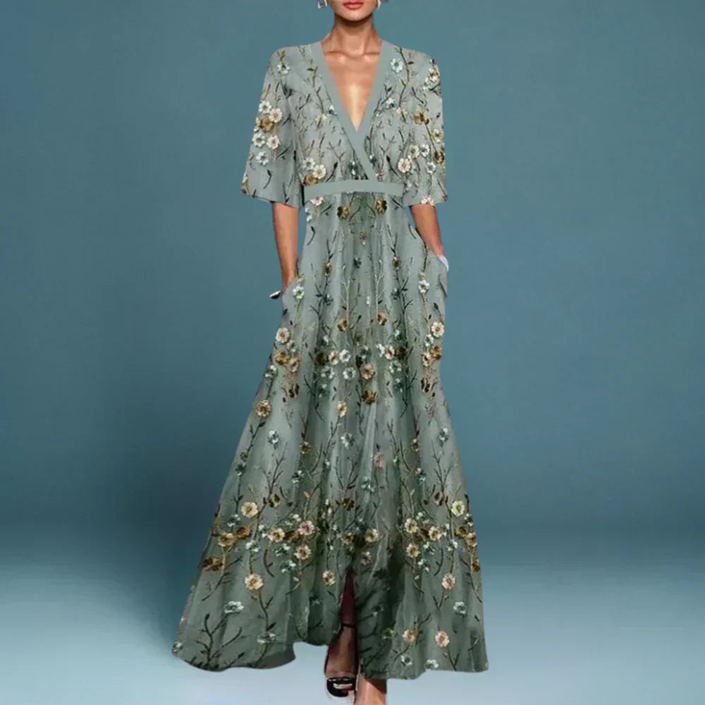 Women's Floral Wrap Maxi Dress with Contrast Trim and Front Slit