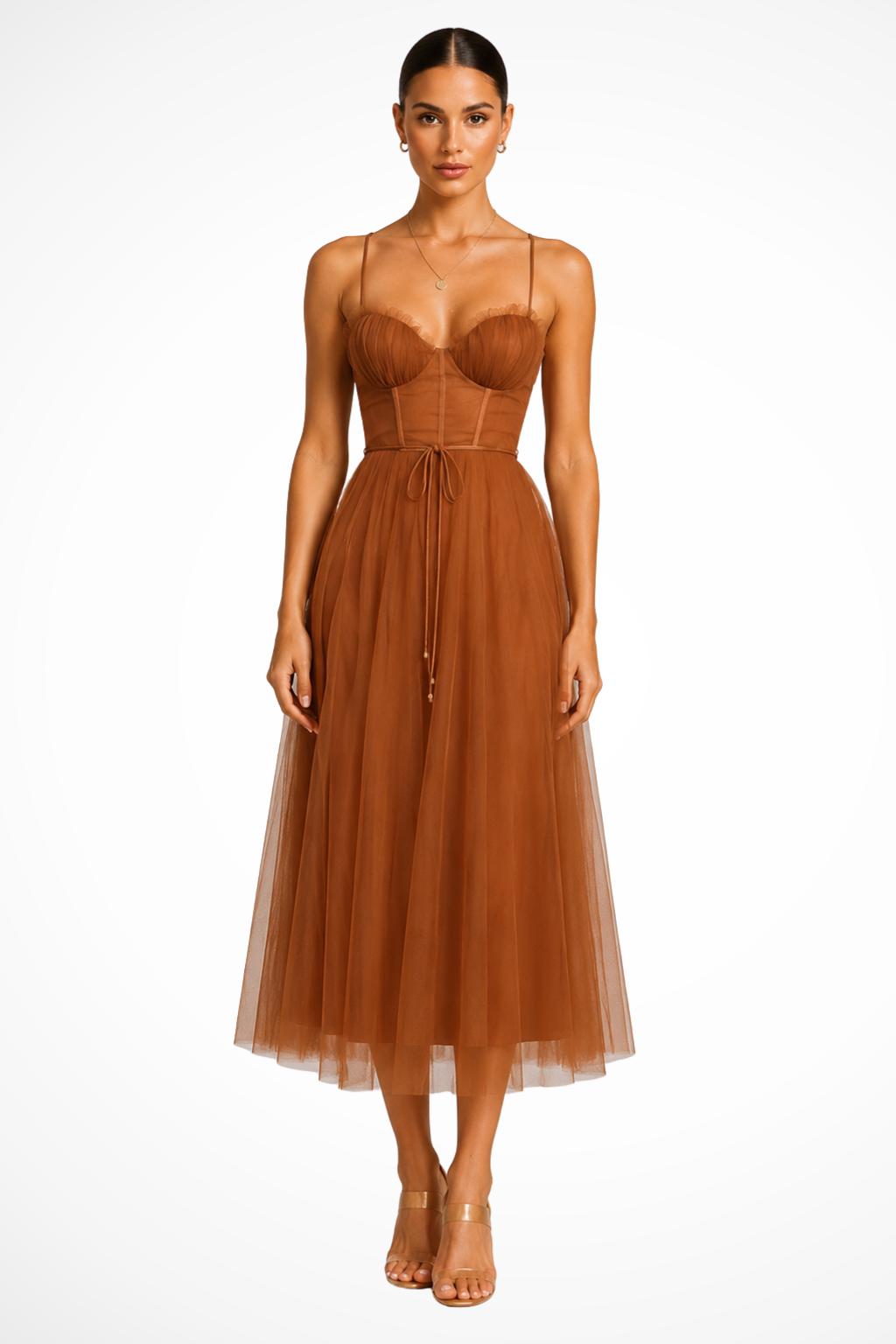 Women’s Layered Tulle Midi Dress with Sweetheart Bodice