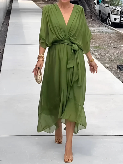 Flowy V-Neck Belted Maxi Dress for Women