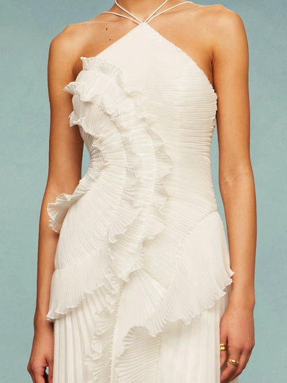 Women’s One-Shoulder Ruffle Maxi Dress with Pleated Details