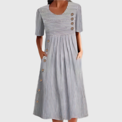 Striped Midi Dress Women Button Detail Casual Style