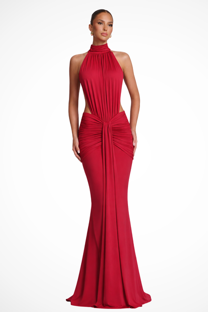 Women’s Backless Halter Neck Ruched Maxi Dress
