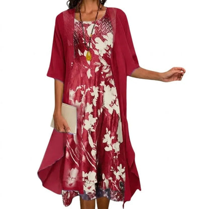 Floral 2-Piece Midi Dress Set Sheer Overlay Cardigan Style