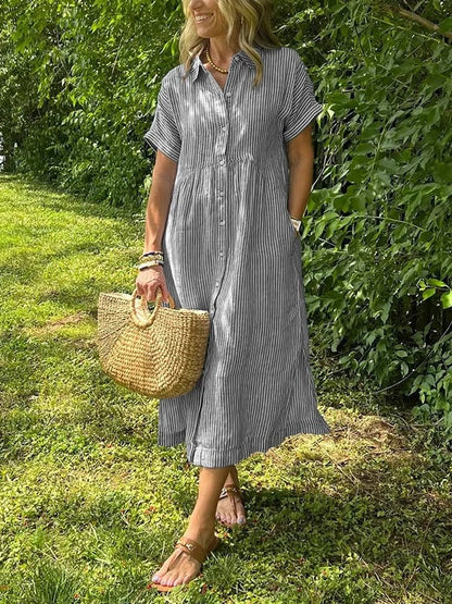 Women's Striped Collared Button-Front Short Sleeve Dress