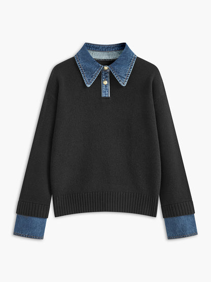 Women's 2-in-1 Panel Lapel Knit Sweater, Casual Elegant