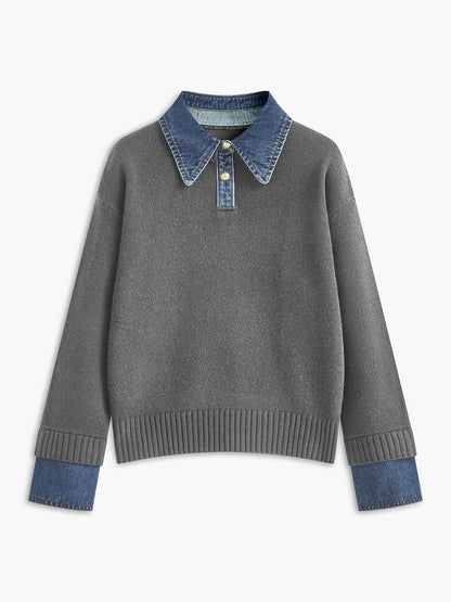Women's 2-in-1 Panel Lapel Knit Sweater, Casual Elegant