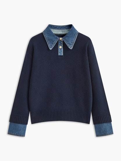 Women's 2-in-1 Panel Lapel Knit Sweater, Casual Elegant