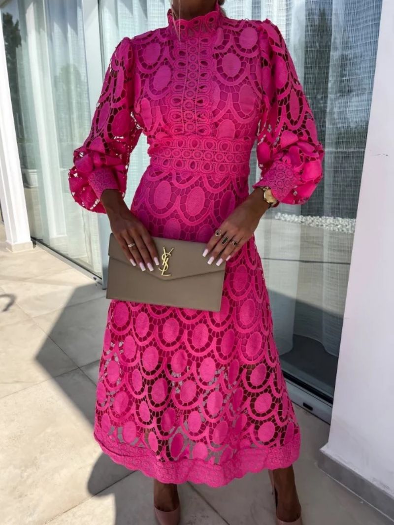 Women’s Long Sleeve Lace Midi Dress with Scalloped Hem Detail