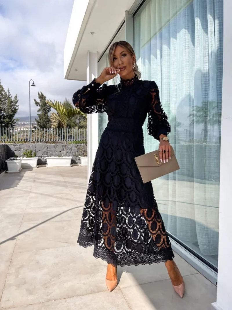 Women’s Long Sleeve Lace Midi Dress with Scalloped Hem Detail