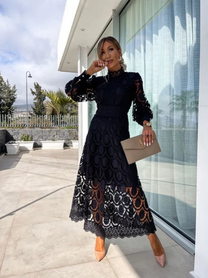 Women’s Long Sleeve Lace Midi Dress with Scalloped Hem Detail