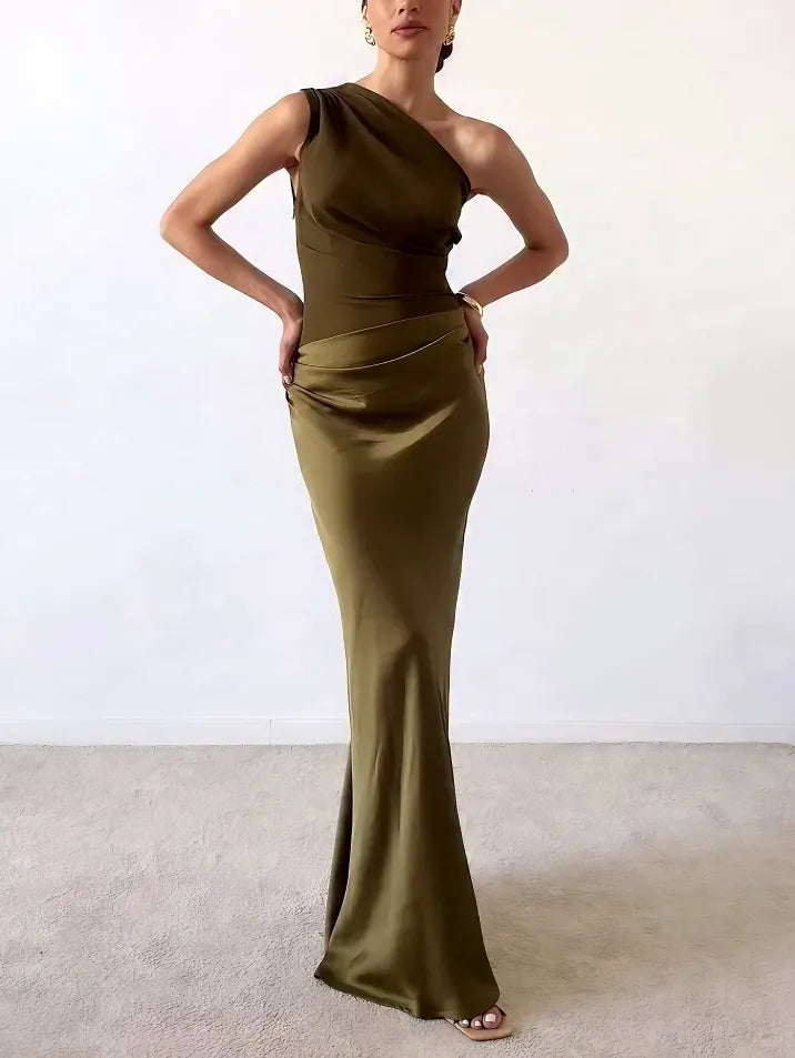 One Shoulder Pleated Maxi Dress for Women Formal Party