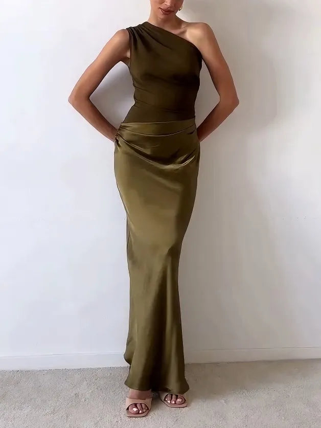 Elegant Pleated One-Shoulder Maxi Party Dress