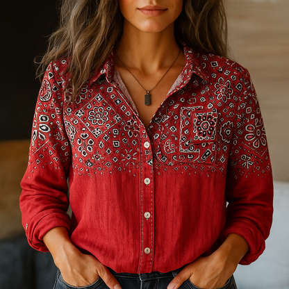 Women’s Vintage Inspired Printed Button-Up Shirt