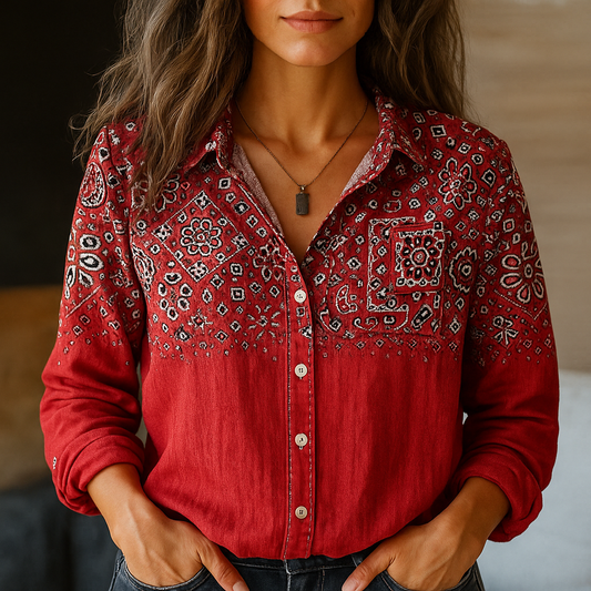 Women’s Vintage Inspired Printed Button-Up Shirt