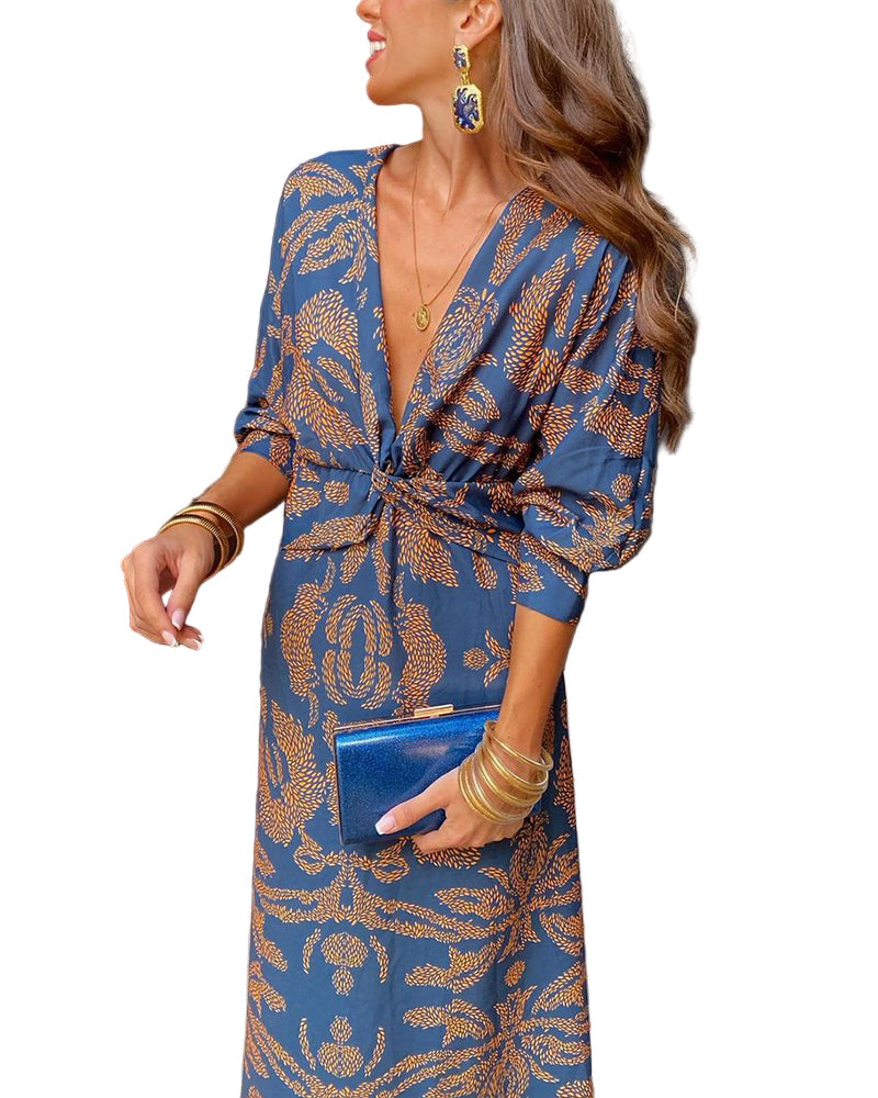 Elegant Midi Dress with V-Neck and Knot Detail