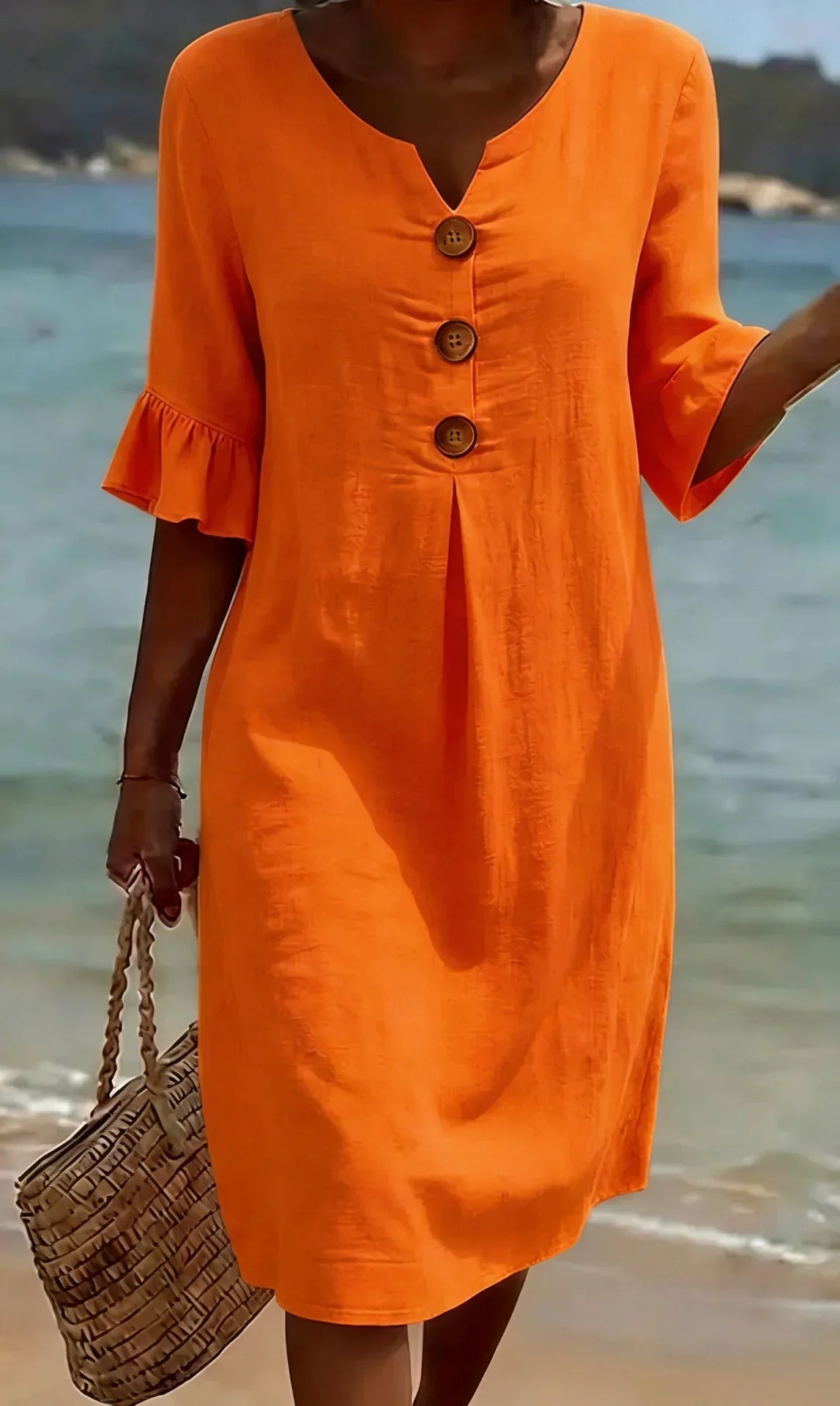 Women’s Button-Front Casual Midi Dress with Ruffle Sleeves