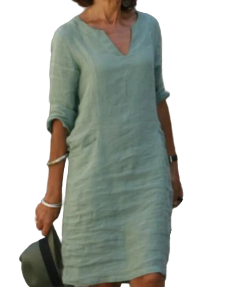 Casual V-Neck Linen-Style Midi Dress for Women