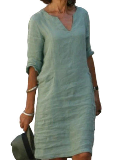 Casual V-Neck Linen-Style Midi Dress for Women