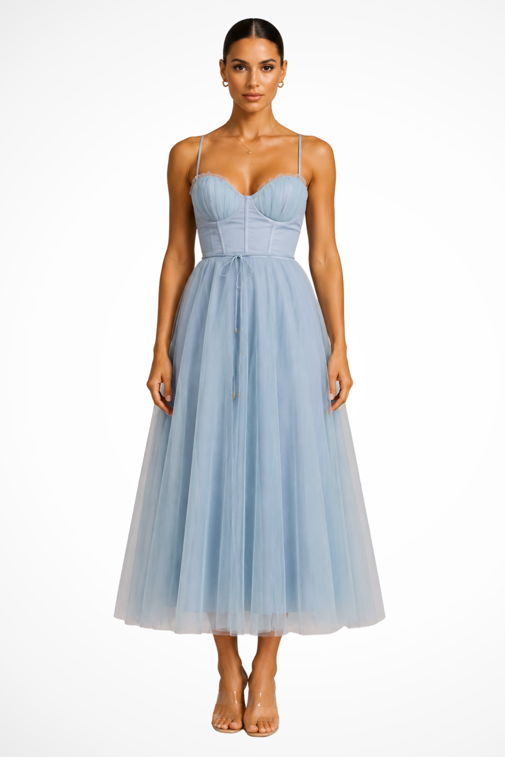 Women’s Layered Tulle Midi Dress with Sweetheart Bodice