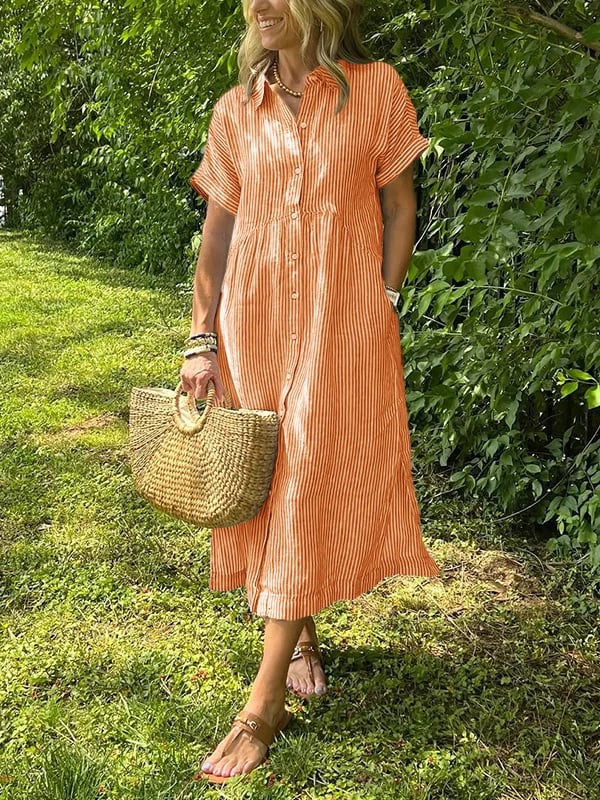 Women's Striped Collared Button-Front Short Sleeve Dress