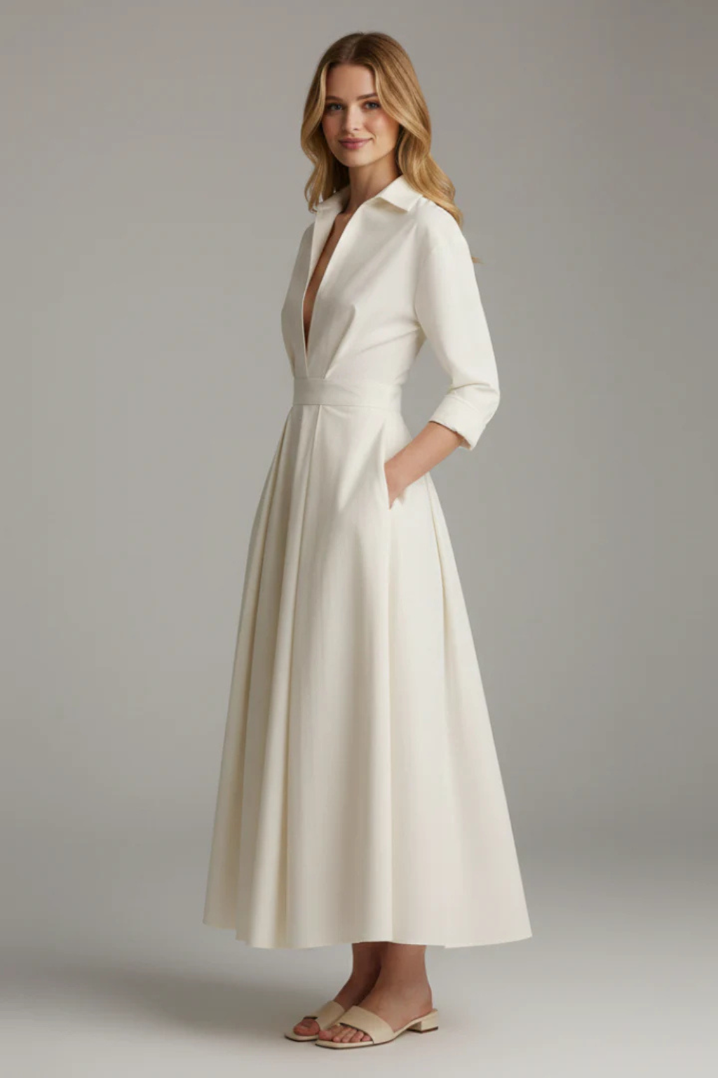 Elegant Women’s Collared Button-Front Midi Dress