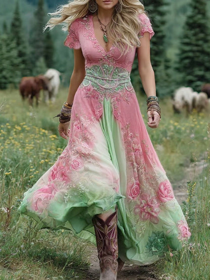 Bohemian Floral Print Maxi Dress with Flowing Silhouette