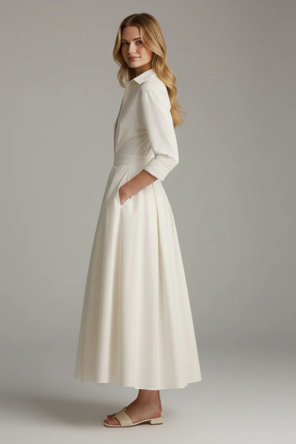 Elegant Women’s Collared Button-Front Midi Dress