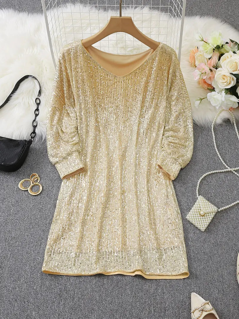 Women's Sequin Party Dress with Slim Fit Silhouette and Long Sleeves