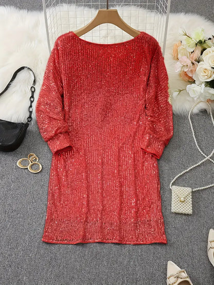Women's Sequin Party Dress with Slim Fit Silhouette and Long Sleeves