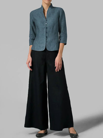 Women’s Minimalist Button Front Blouse with 3/4 Sleeves