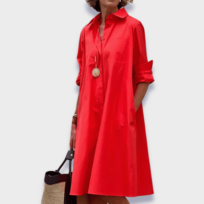 Relaxed Button-Up Shirt Dress for Women with Flowy Silhouette and Pockets