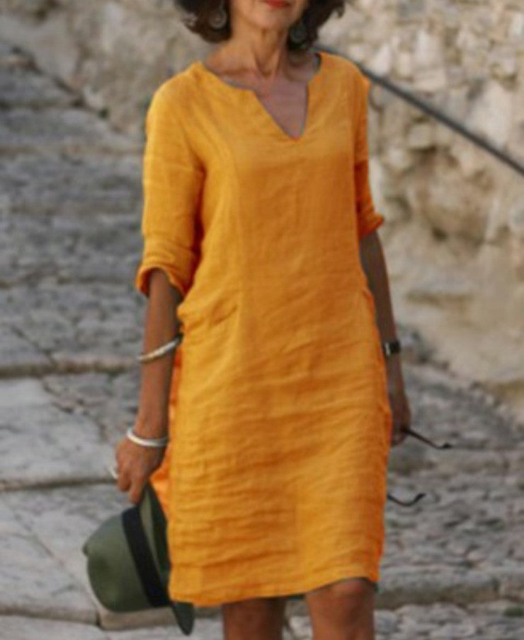 Casual V-Neck Linen-Style Midi Dress for Women